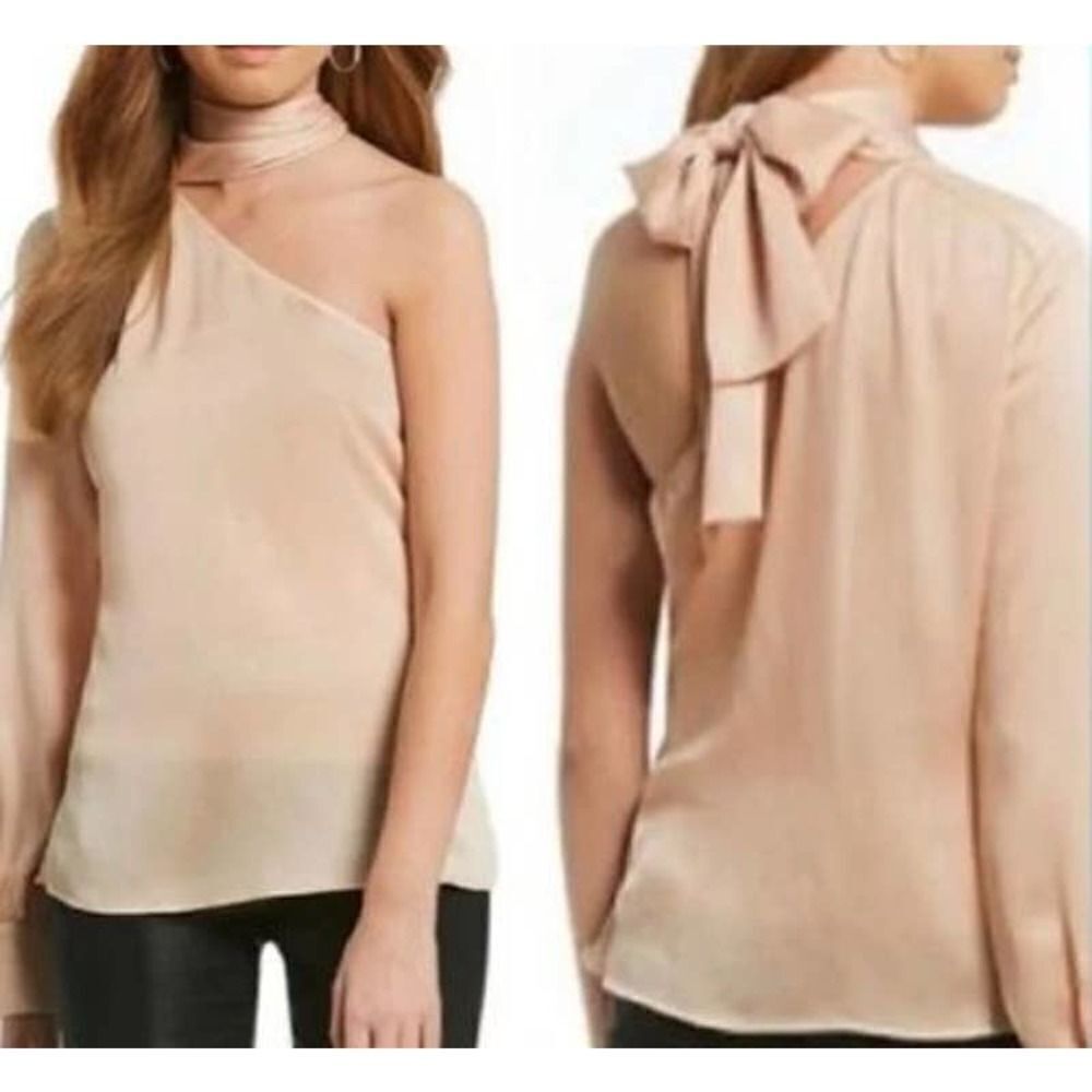 NWT 1. STATE PEACH BLUSH SATIN ONE SHOULDER NECK TIE BLOUSE SIZE LARGE L